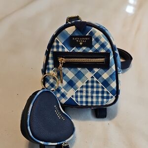 Bath & Body Works Blue Patchwork Mini Backpack with Heart Coin Pouch